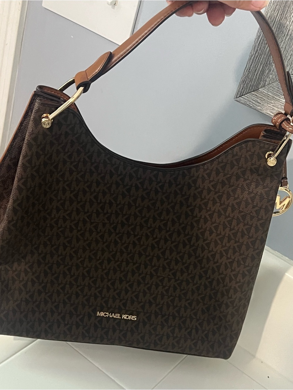 Michael Kors Dark Brown MK Monogram Shoulder Bag with Gold Accents